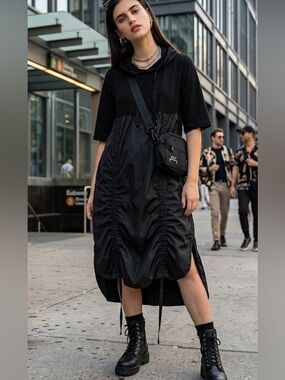 Kate Hewko Black Athleisure Hooded Midi Dress - One Size - Gorpcore